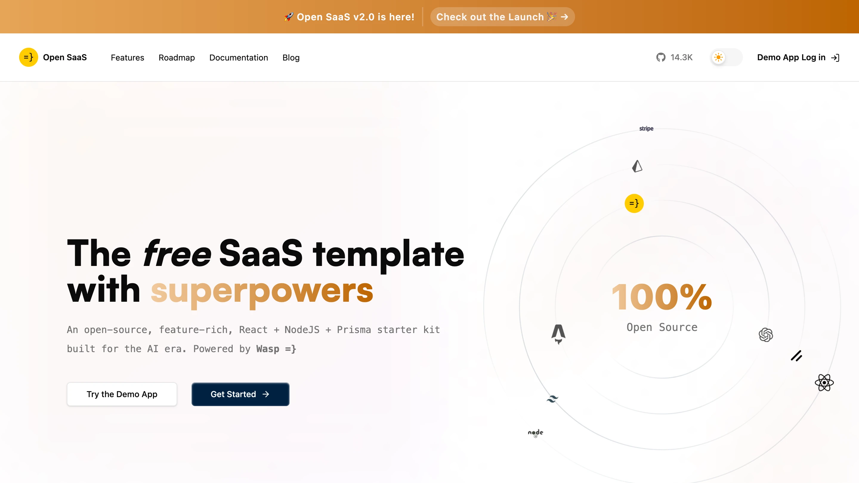 The Open SaaS landing page — a free, open-source React + NodeJS + Prisma SaaS starter